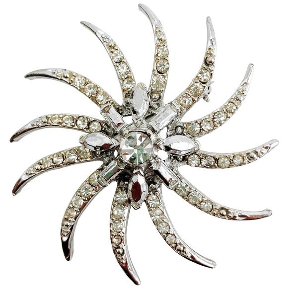 Vintage Mid Century Brooch Silver Tone Starburst Clear Rhinestone Jewelry - Picture 1 of 9